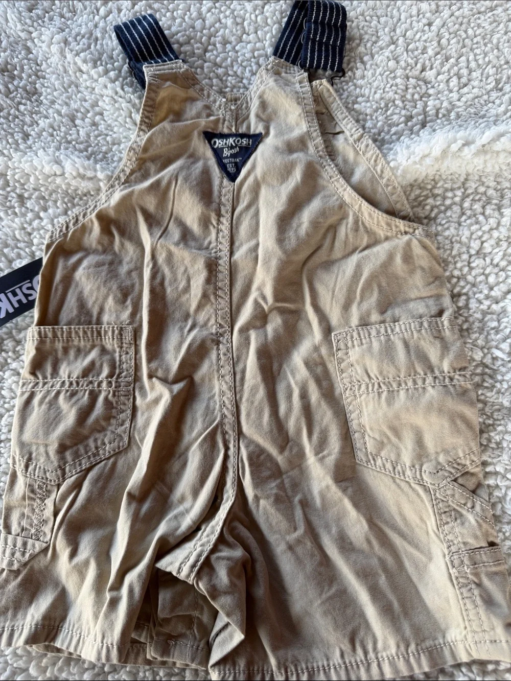 OshKosh B'gosh Tan Short Overalls with Navy Striped Straps